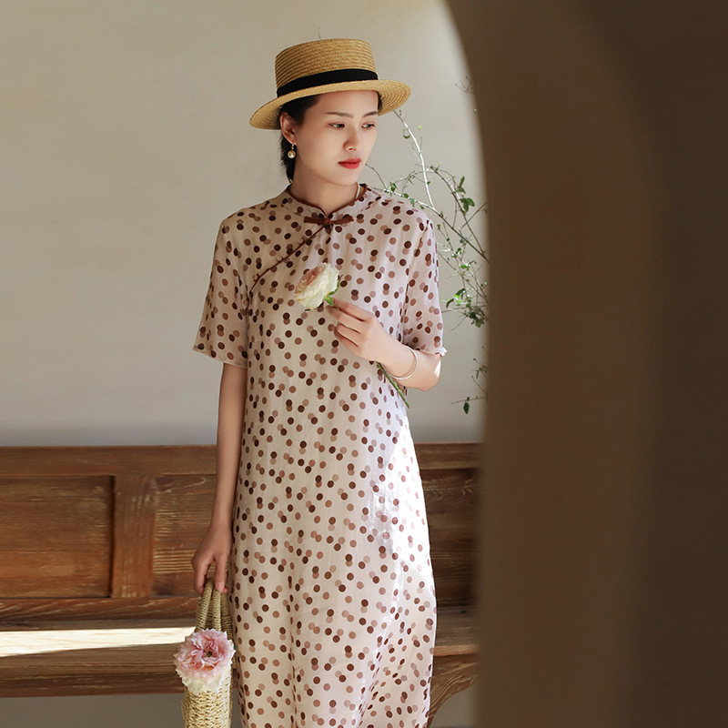 Chinese Style Ramie dress Women's Early Spring New Style Vertical Collar Buckle Cotton Linen Modified Loose Cheongsam Mid-length Tea Suit