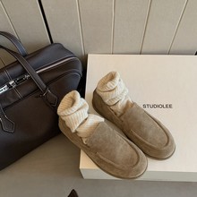 牛皮版~2025新款row风小众加绒浅口绒面懒人乐福鞋女平底保暖棉鞋