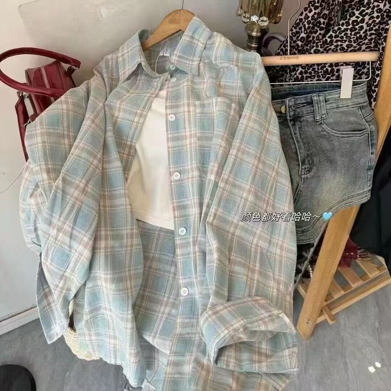 ブルーチェック柄シャツレディースレイジースタイル初春カジュアルカバーアップシャツゆったり万能日焼け止め長袖トレンド|undefined