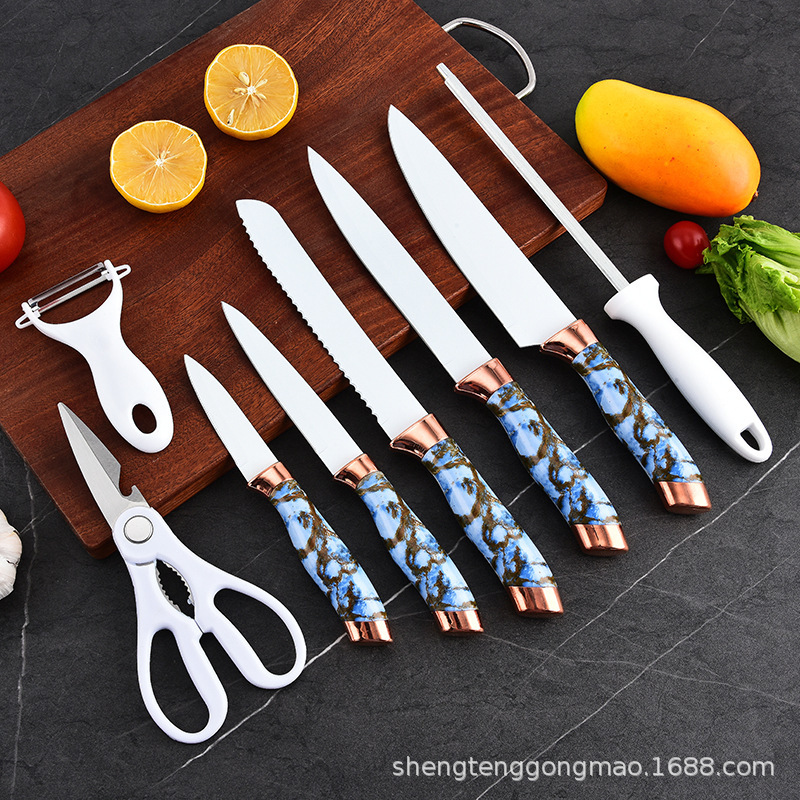 Nuevo cabezal de galvanoplastia doble transfronterizo de acero inoxidable, portaherramientas giratorias, juego de cuchillos de cocina de 9 piezas, juego de cuchillos para el hogar de cocina