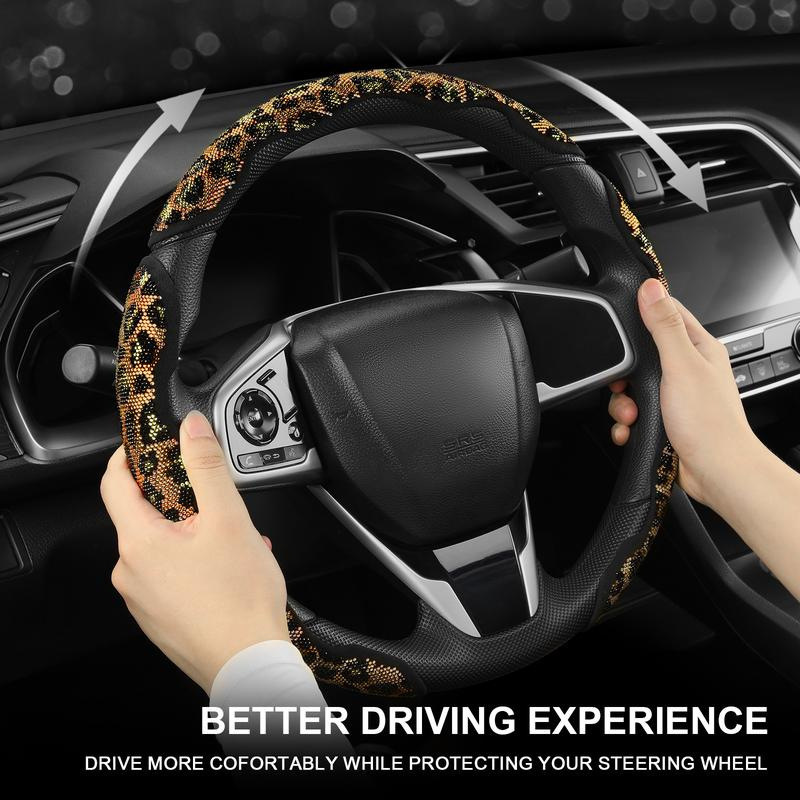 Leopard print diamond-studded crystal car steering wheel cover, trendy and shiny interior modification set for girls, universal car steering wheel cover