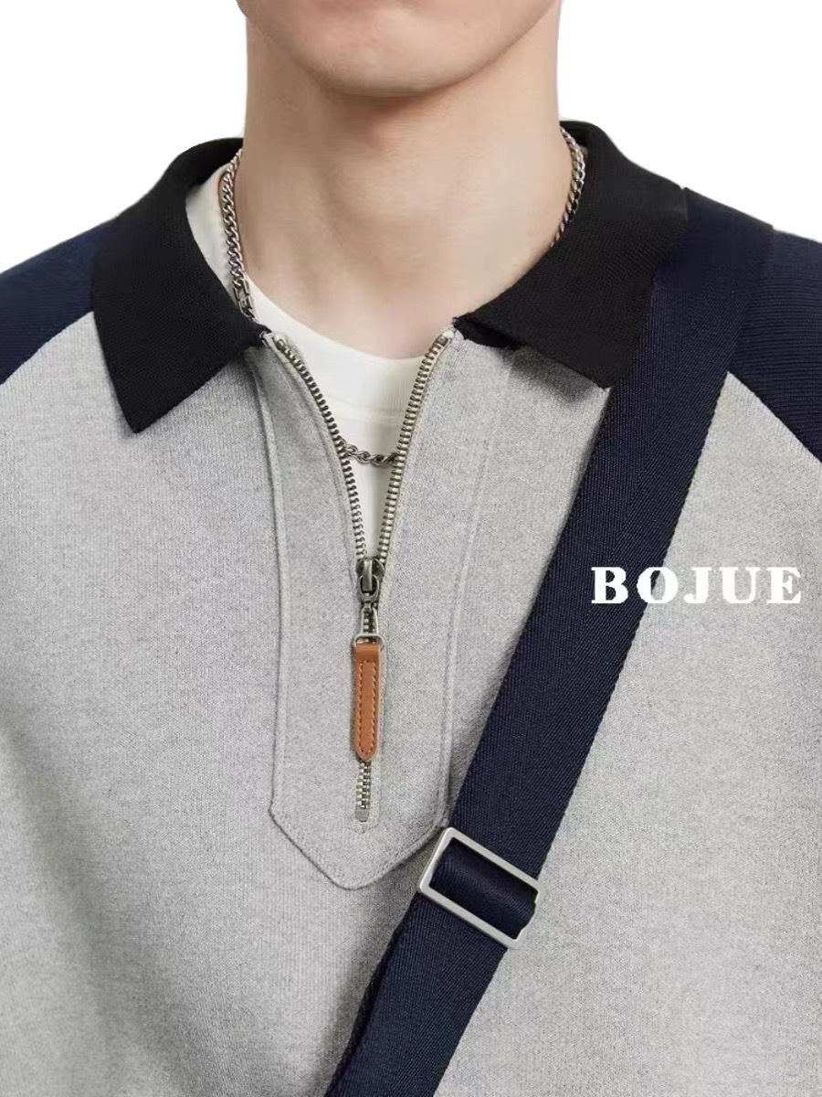 Otoño e invierno contraste color media cremallera Polo cuello suéter cálido manga larga superior suéter de los hombres de estilo coreano abrigo de los hombres