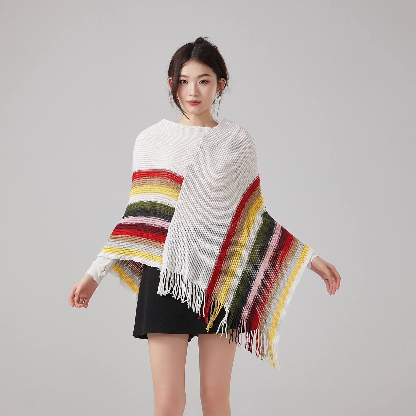 European and American Autumn and Winter New Ethnic Style Colorful Tassel Cape Shawl Irregular Women's Travel Knitted Coat Cover-Up