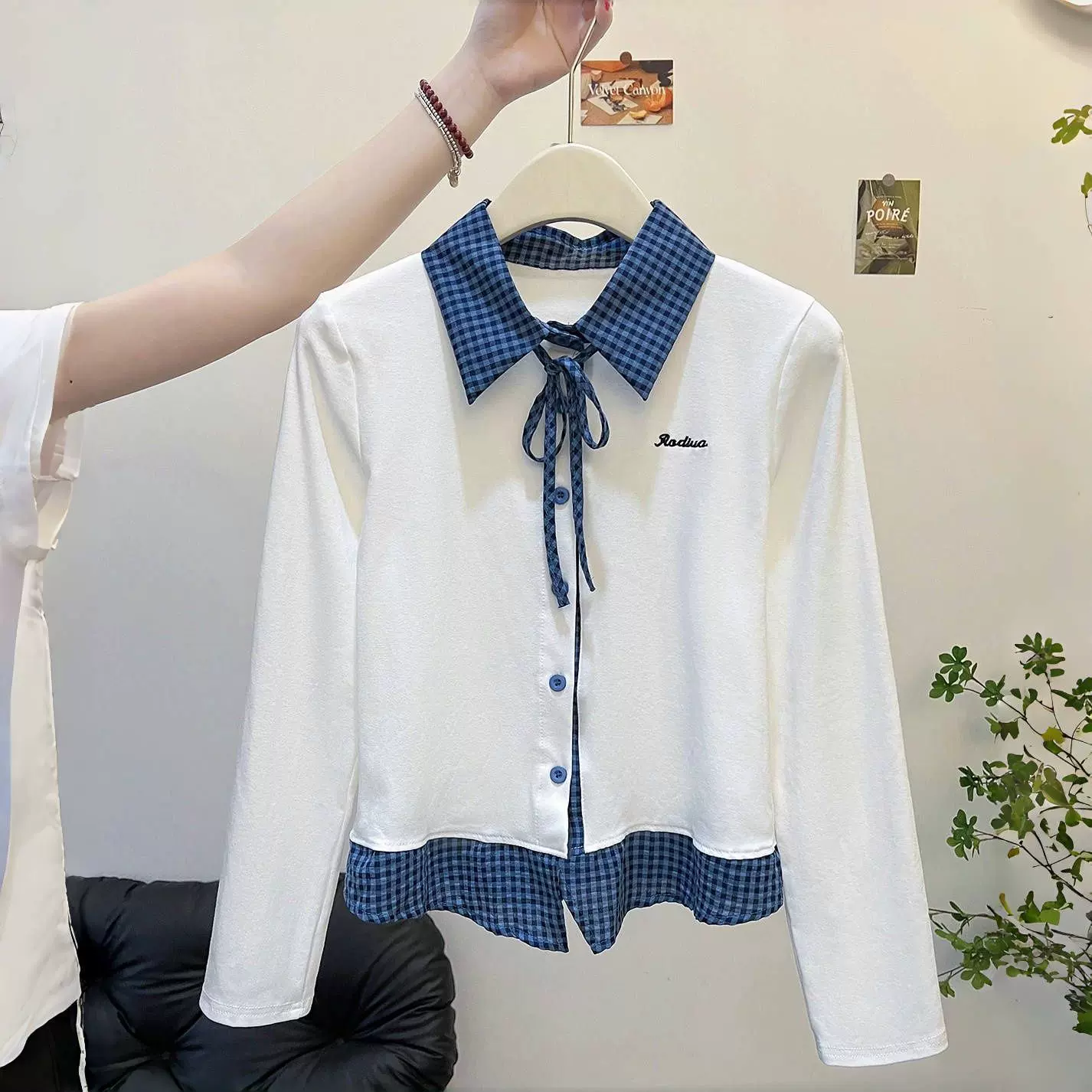 假两件韩系格子拼接长袖T恤女2025春秋新款学院风显瘦洋气上衣潮