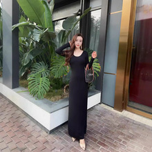 连衣裙莫代尔法式长款早秋长袖百搭礼服风高腰气质显瘦优雅方领