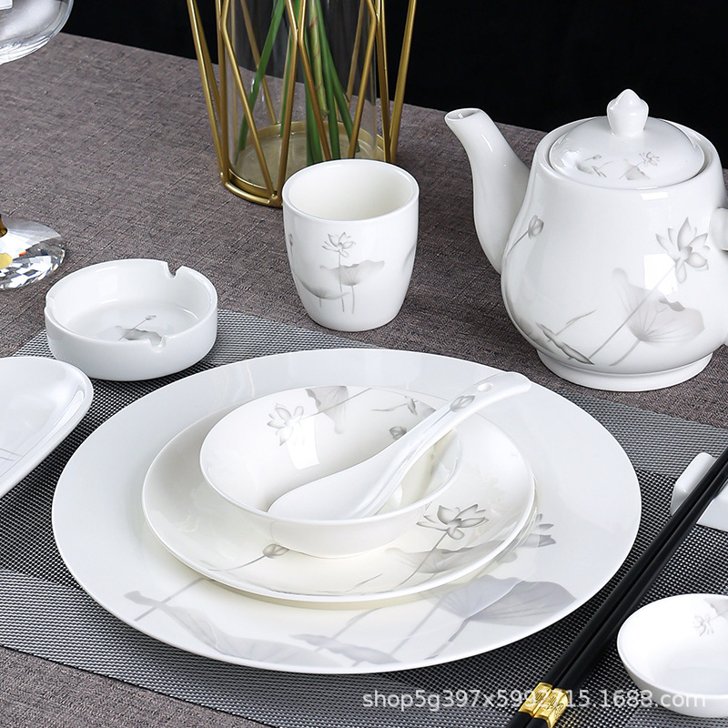 Hotel Tableware Supplies Wholesale White Lotus Dishes and Plates Set Restaurant Ceramic Bowls, Chopsticks and Powder Tableware Set