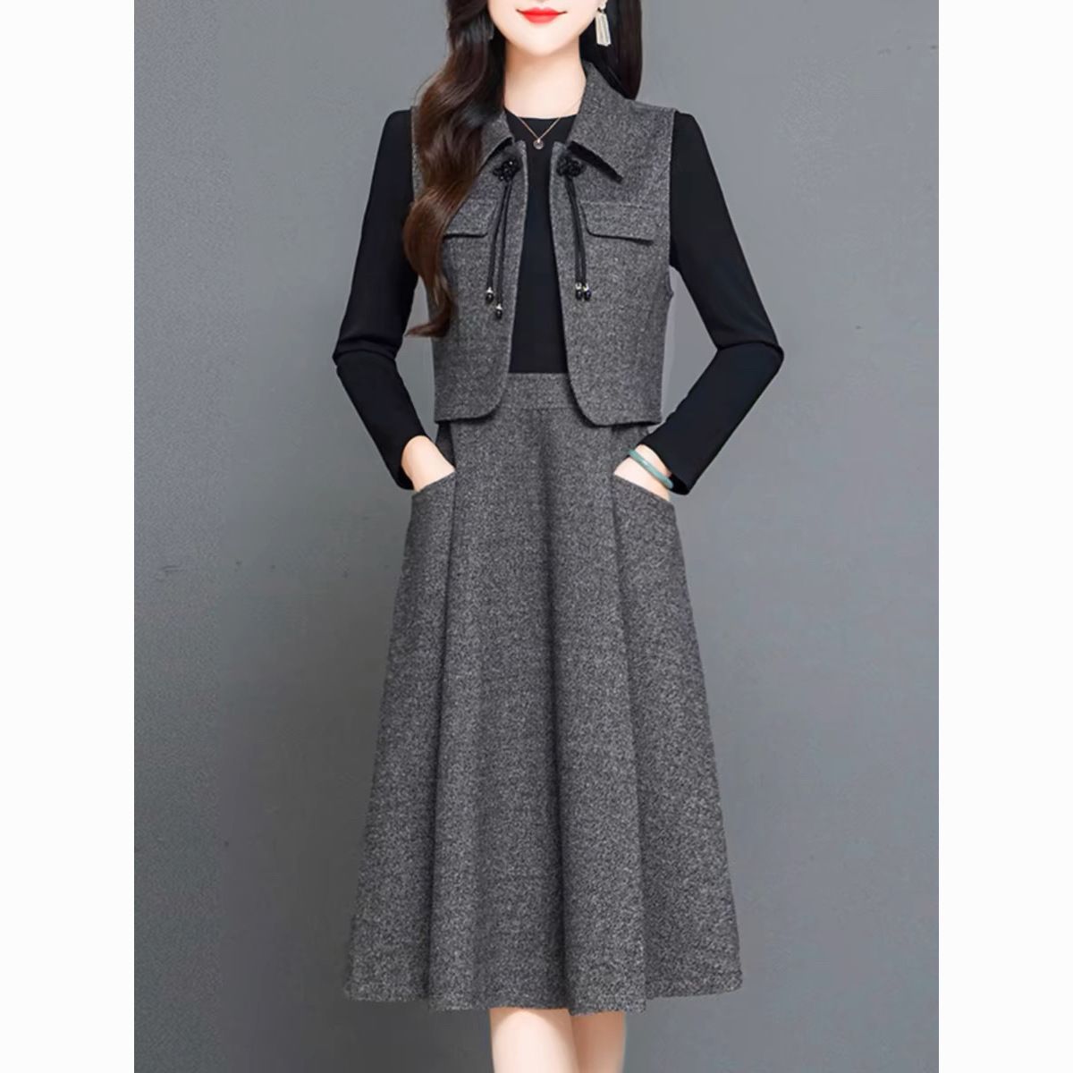 时尚洋气马甲外搭连衣裙两件套女2025秋冬显瘦减龄套装裙子a字裙