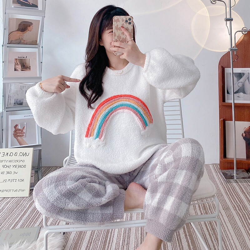 Soft Pajamas Women's Autumn and Winter Korean-style Age-reducing Sweet Cartoon Rainbow Plaid Warm Two-piece Home Clothes Set