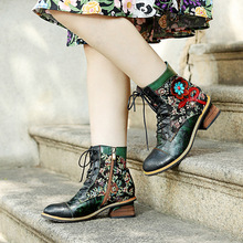 2022秋冬新款现货外贸真皮手工擦色复古印花拼接舒适粗跟牛仔短靴