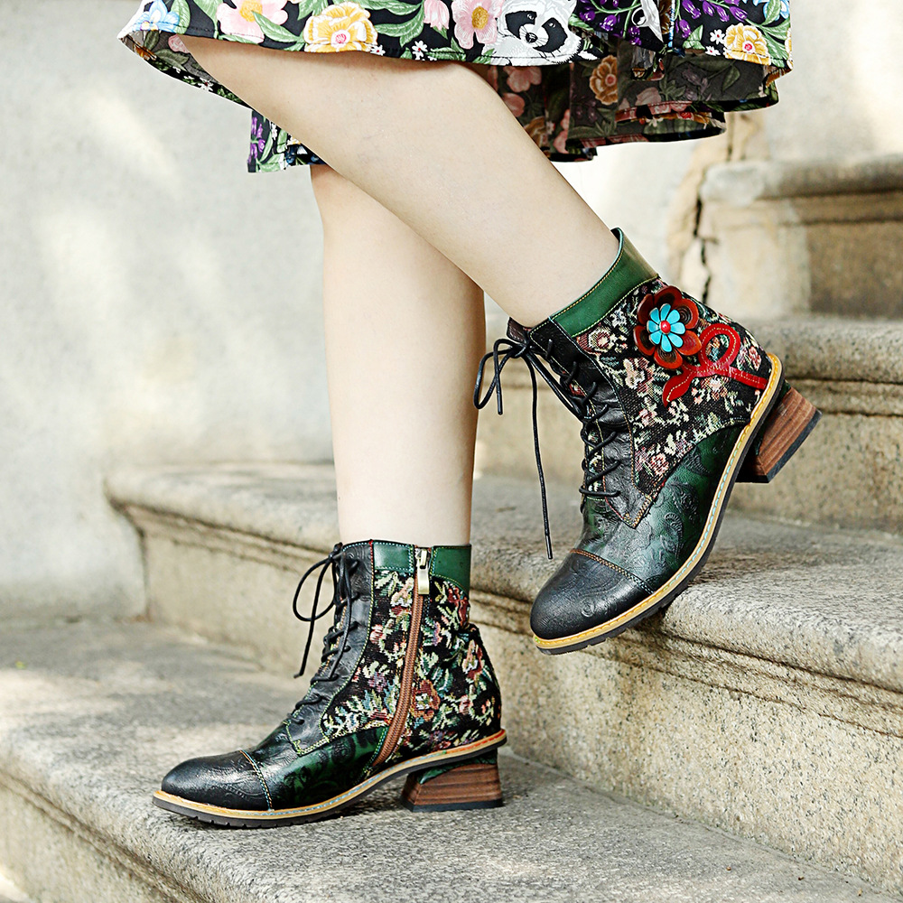 2022秋冬新款现货外贸真皮手工擦色复古印花拼接舒适粗跟牛仔短靴