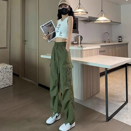 Women's Thin High-Waisted Drawstring Ankle-Hiking Pants in Ice Silk Quick-Dry Work Style, American Harem Sport Pants