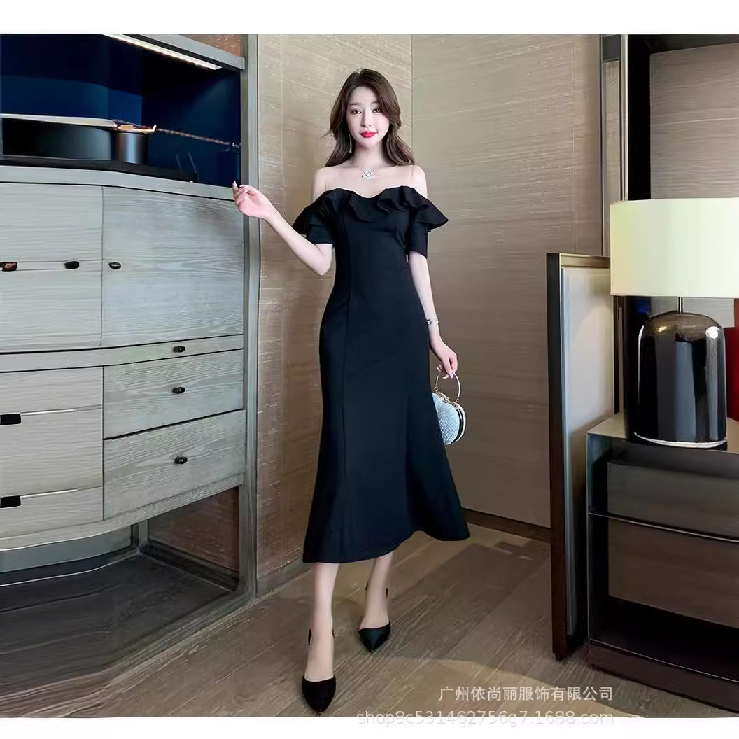 New High-end Black Long Dress Slim-fit Tight Waist Slimming Elegant off-shoulder Fishtail Dress Women's Summer