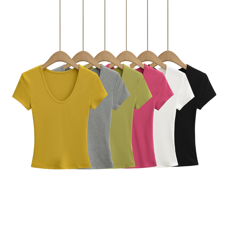 American U-Neck Hourglass-Shaped High-Waisted Short-Sleeved Right-Shoulder T-Shirt for Women Summer 2025 New Tight-Fitting High-Elastic Short Top Cross-Border