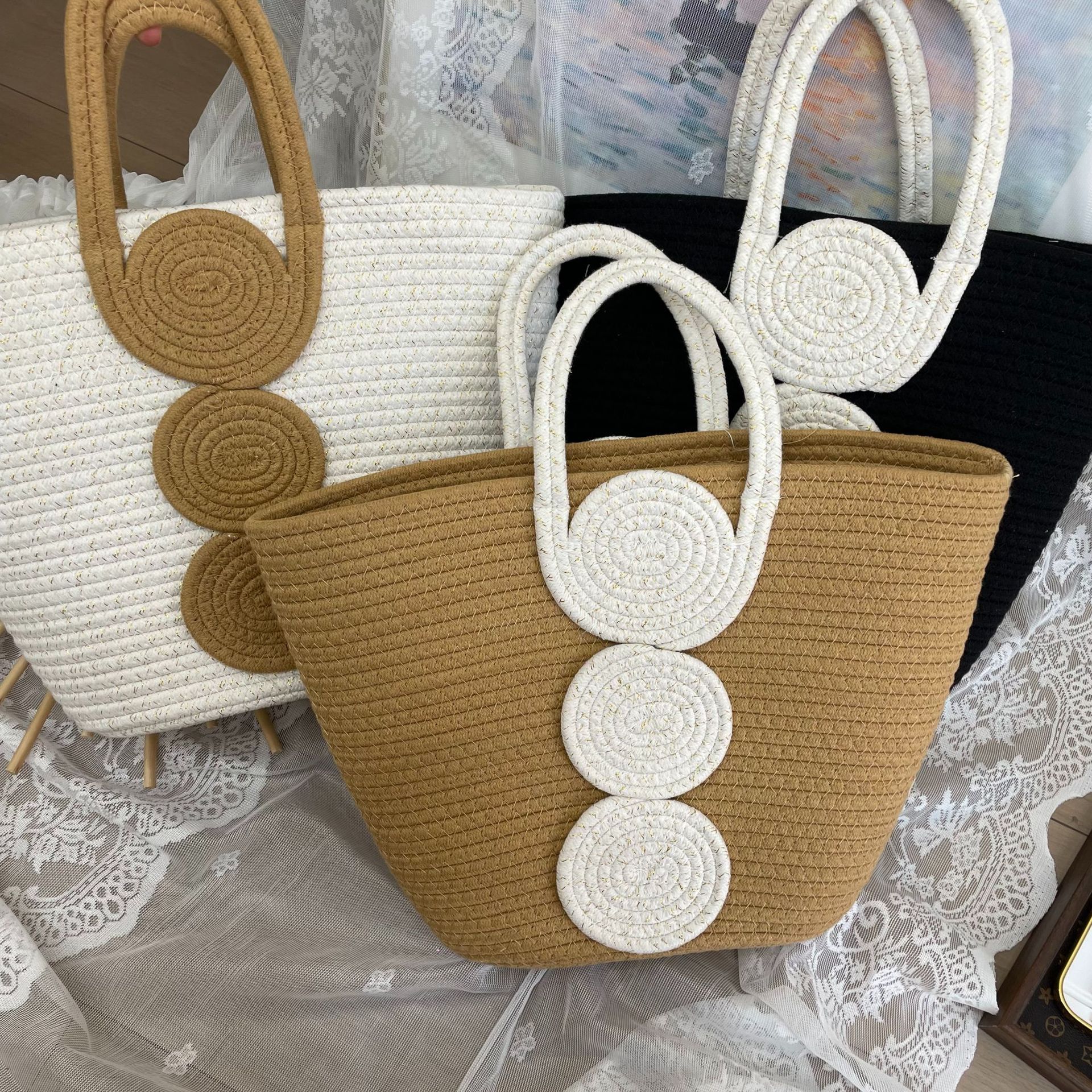 Double Handle Strap Type Women's Cotton Rope Color Block Vacation Beach Streetwear Weave Bucket Zipper Straw Bag