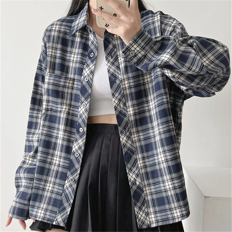 2022 New Autum Plaid Shirt Women's Long-Sleeved Sun Protection Cardigan European and American Style Loose Lazy Casual Lapel Shirt 2022 New Autum Plaid Shirt Women's Long-Sleeved Sun Protection Cardigan European and American Style Loose Lazy Casual Lapel Shirt