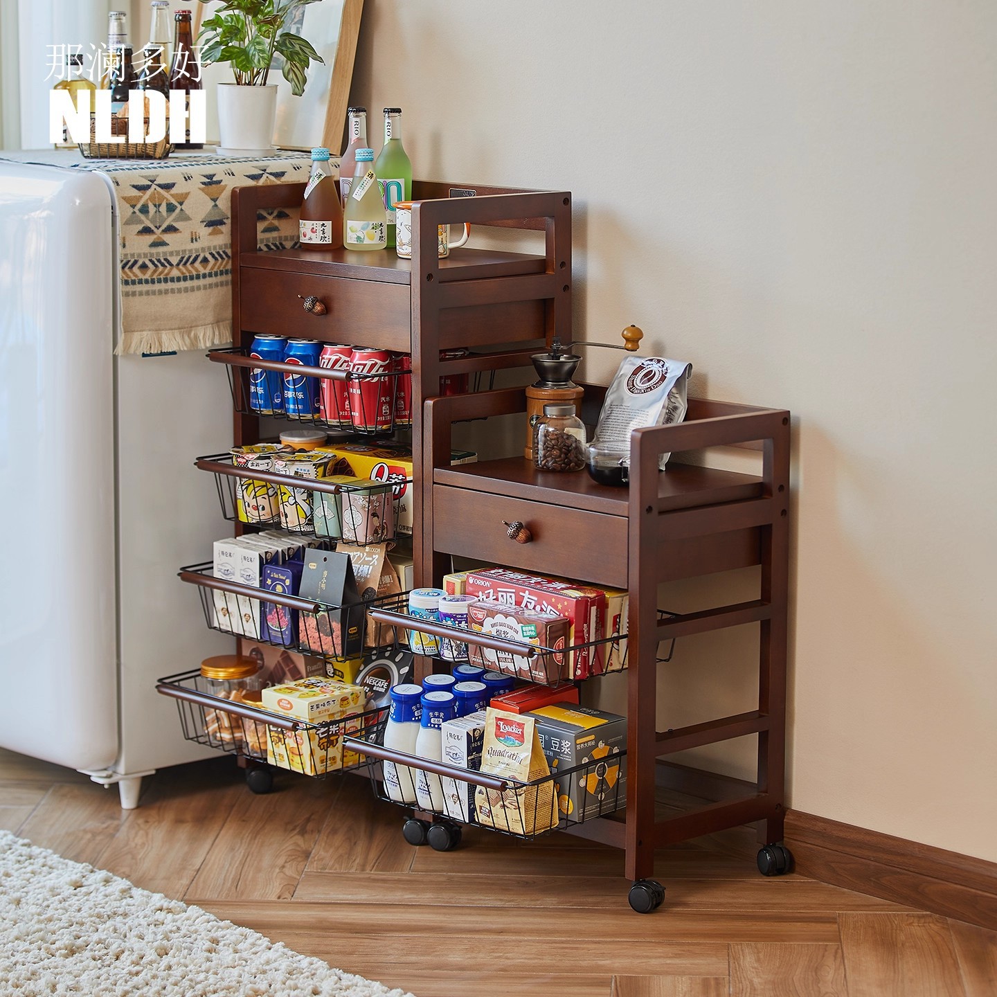 Mobile Snack Layered Solid Wood Storage Rack Kitchen Pull-Out Floor-Standing Storage Rack Toy Storage Multi-Layer Trolley