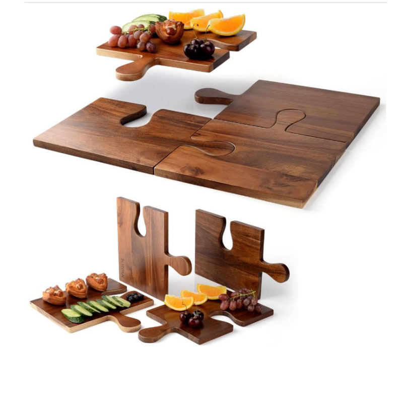 Rompecabezas, tabla de cortar, multiusos para el hogar, bandeja desmontable con asa, taza de vino de madera, bandeja para cenar, madera de acacia