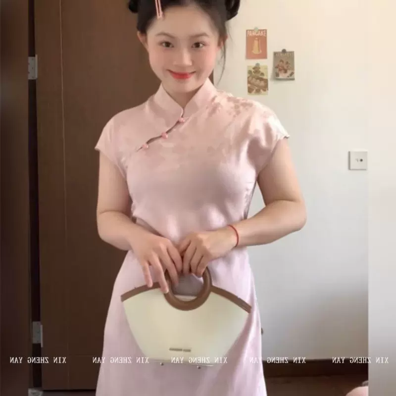 大码胖MM新中式改良粉色旗袍连衣裙温柔风气质收腰显瘦a字长裙字