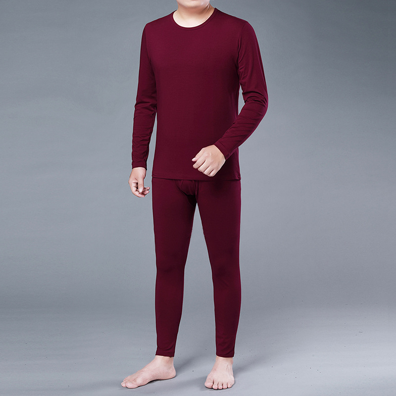중년 및 노인 가을 의류 및 바지에 대한 브림 니언 레드 남성용 순면 열 속옷 아빠 겨울을위한 낮은 크루 넥 세트