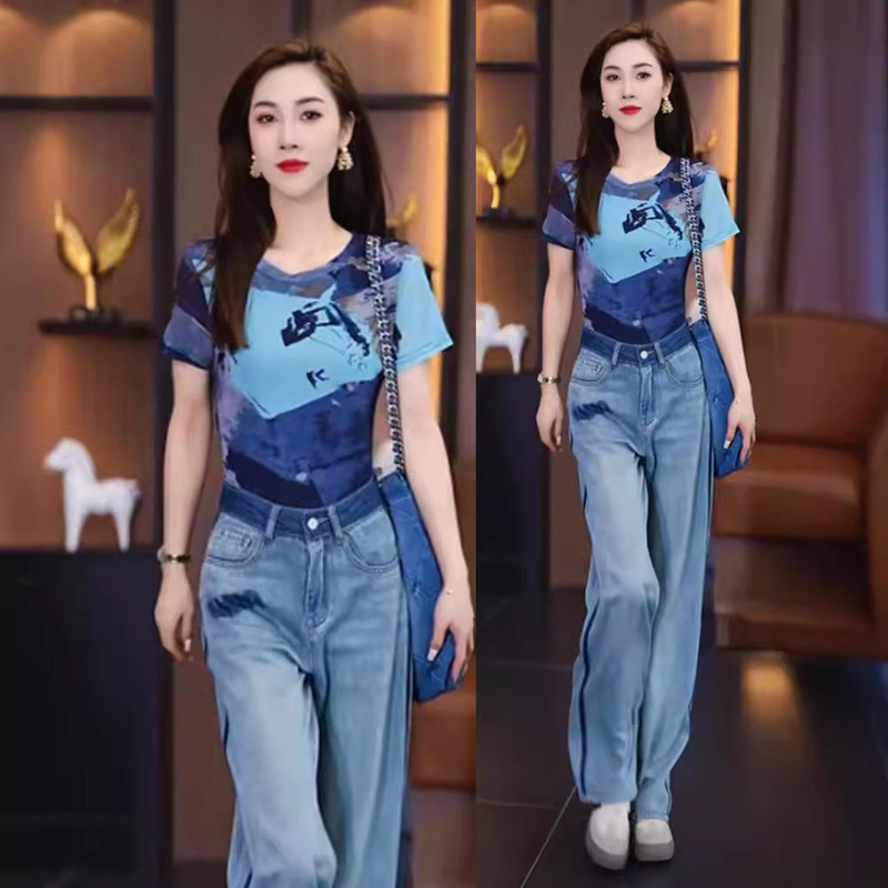 Tie-Dye Mesh Short-Sleeved T-Shirt Women's All-Match Slim Look Western Style T-Shirt Ink Painting Elastic Top Printed Shirt Thin