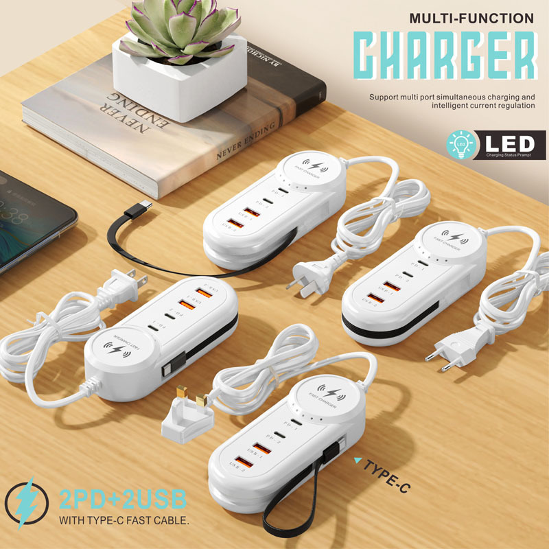 New Wholesale Dual USB + Dual Pd Multi-Port Power Strip with European and American Standard Mobile Phone Charger and Type-C Extension Cable Socket
