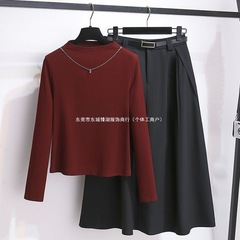 小高领长袖恤半身裙女两件套2025早初秋洋气显瘦安可拉红连衣裙