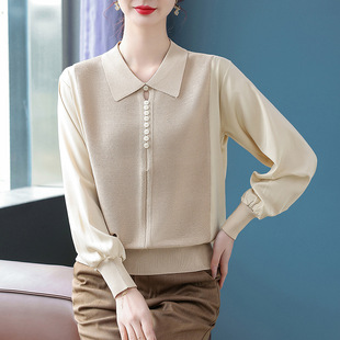 Mom spring lapel knitted small shirt western style top 2025 new middle-aged and elderly women's loose bottoming long sleeve T-shirt