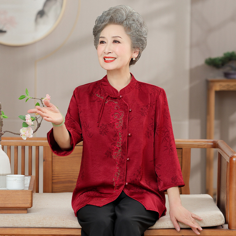 Grandma's Summer Shirt for Middle-Aged and Elderly Women, New Chinese-Style Button-Up Top for Mothers, Festive Women's Clothing