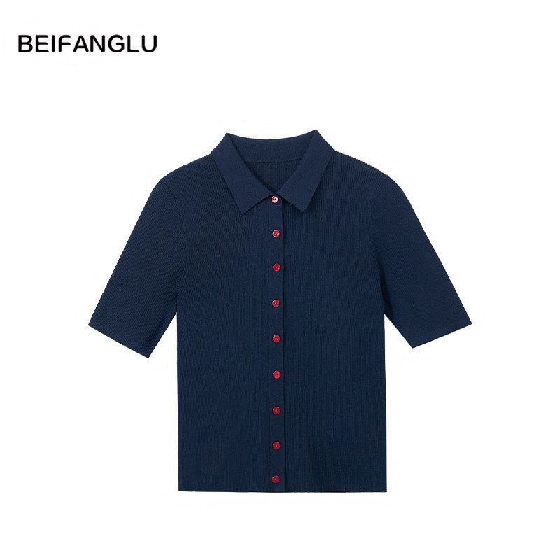 Northern Deer Xin'Ao 48-Count Fine-Spun 100% Merino Wool Elegant Polo Collar Slim-Fit Knit Short-Sleeve Women's Top 261090