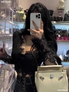 Pure Lust Style Sexy Collar Long-Sleeved Lace Shirt for Women Autum New Slim Short Chic and Gentle Elegant Top