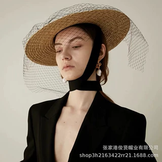 欧美春夏新款网纱拍照影楼搭配帽子麦秆草帽旅游遮阳沙滩草帽女