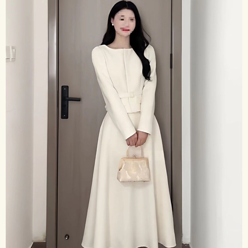 设计感时尚白色收腰长袖上衣外套女秋季新款宽松显瘦半身裙两件套|undefined