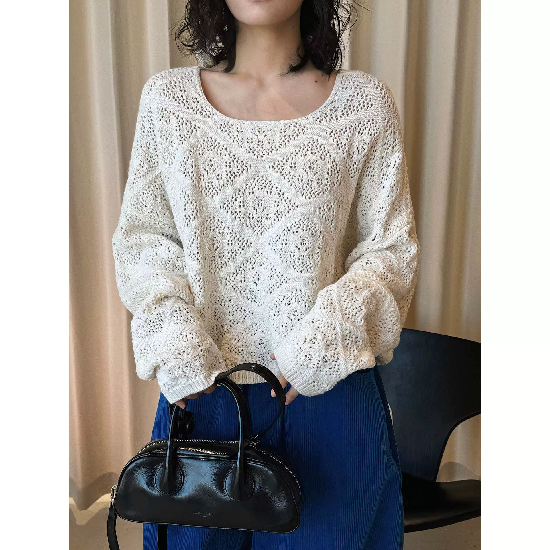 卢浮春季新款韩系简约时髦方领镂空针织罩衫毛衣宽松廓形上衣女