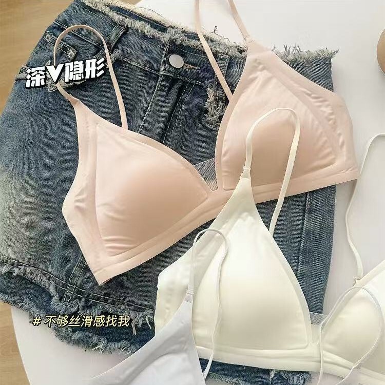 2026 New Style Lingerie for Women with Small Busts, French Deep V Satin High-End Feel, Thin Straps, Seamless Triangle Cup Bra