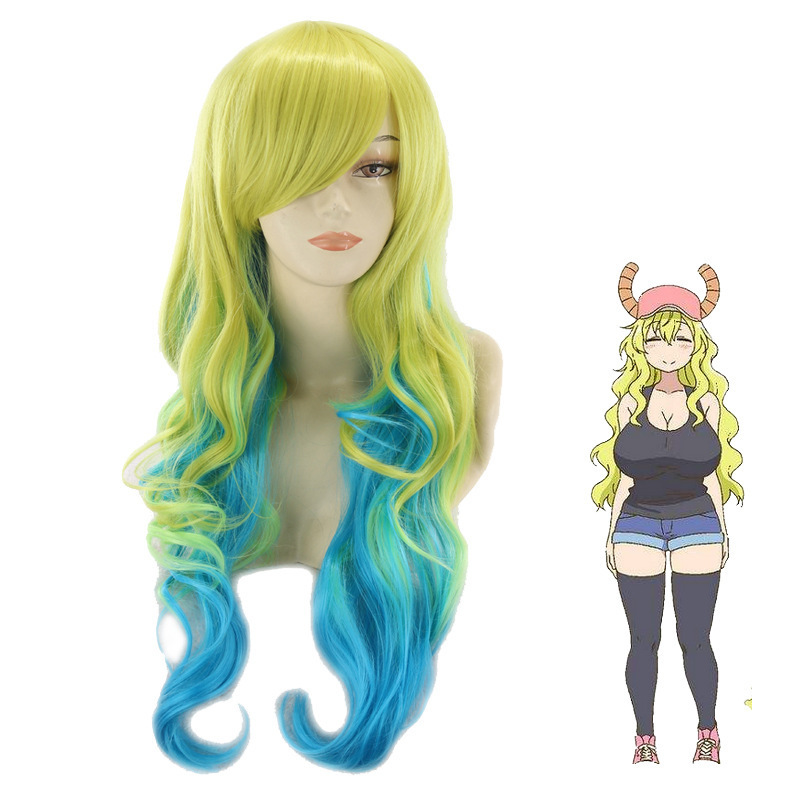 Xiao Lin's Dragon Maid Sister Shake Long Lukea Three-Layer Gradient cosplay Wig Long Curly Hair Headgear