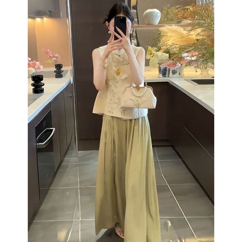 中式国风套装2025夏季气质立领新中式国风女装轻奢盘扣套装两件套|undefined