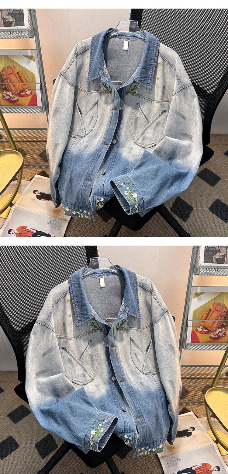 Unisex Gradient Denim Jacket With Floral Embroidery Retro Style_voghion.com