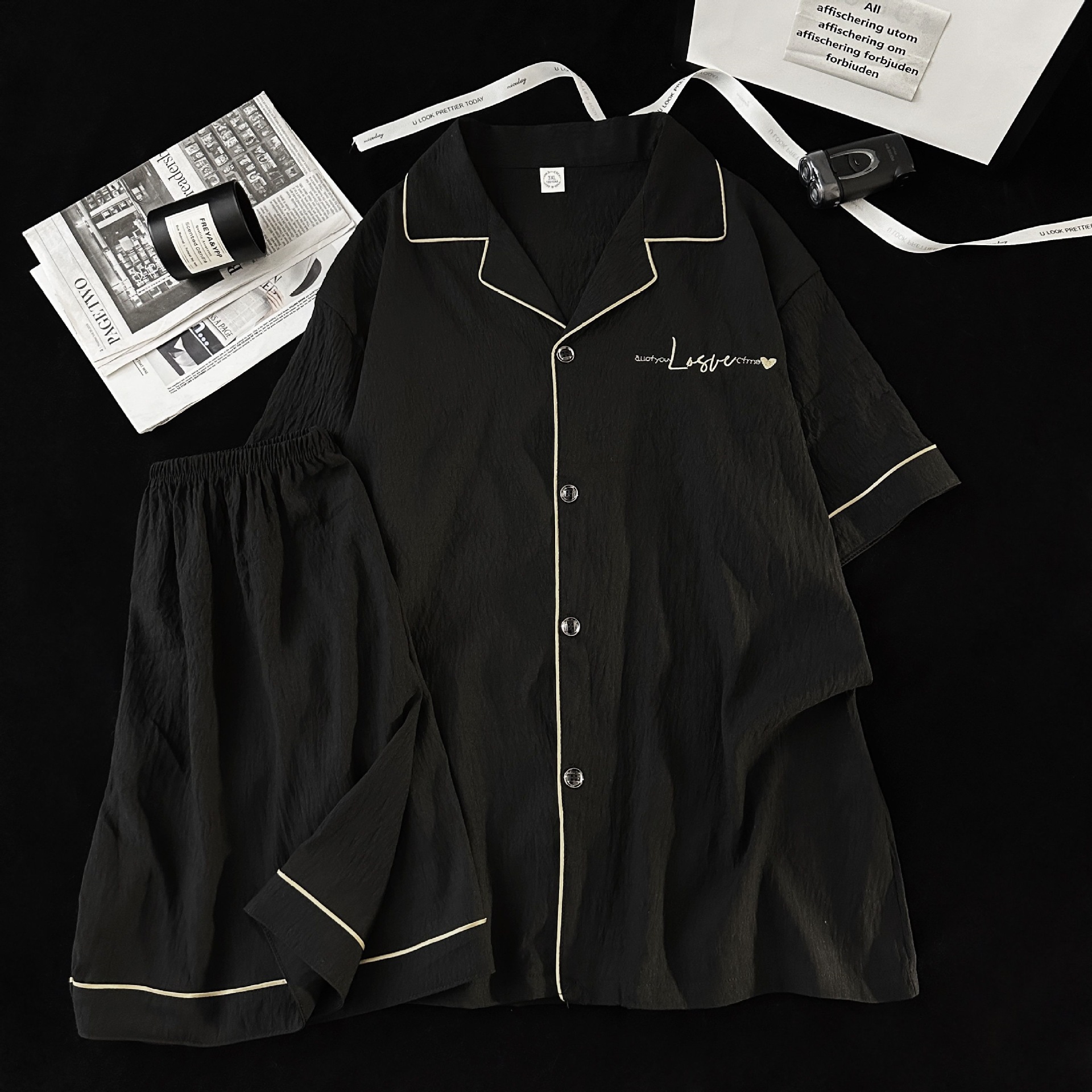 Pijamas de hombre de hilo de algodón de nube negra simple pantalones cortos de verano de manga corta ropa de hogar de gran tamaño casual traje de verano