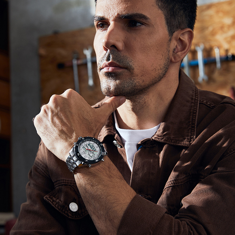 SANDA SANDA3308 nuevo reloj de pulsera electrónico con correa de acero, personalidad, creatividad, despertador multifuncional, reloj de luz nocturna