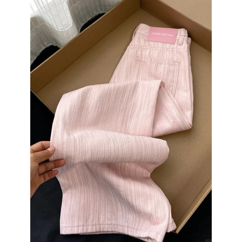 [Store Hot Sale] Pink Striped Wide Leg Jeans Women's 2025 Spring Thin New Style High Waist Loose Straight