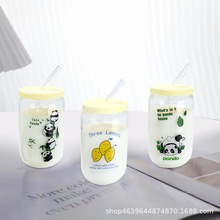 超萌熊猫玻璃杯子ins高颜值耐高温防爆吸管水杯有盖大容量家用杯