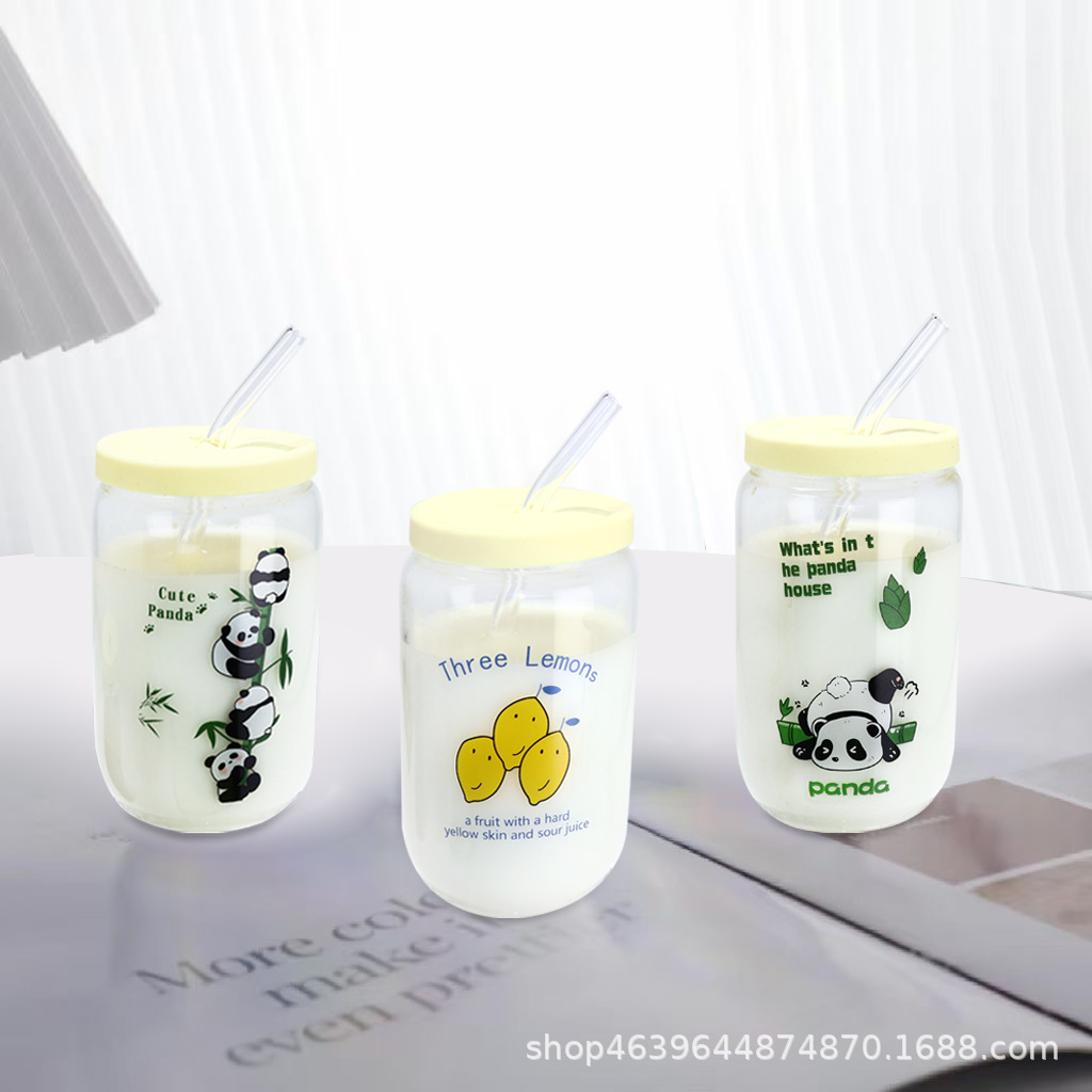 超萌熊猫玻璃杯子ins高颜值耐高温防爆吸管水杯有盖大容量家用杯