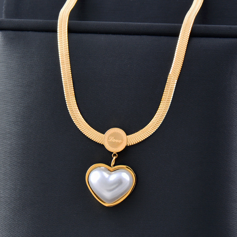Fashion Heart Shape Titanium Steel Inlay Inlaid Gold Pearl Pendant Necklace 1 Piece