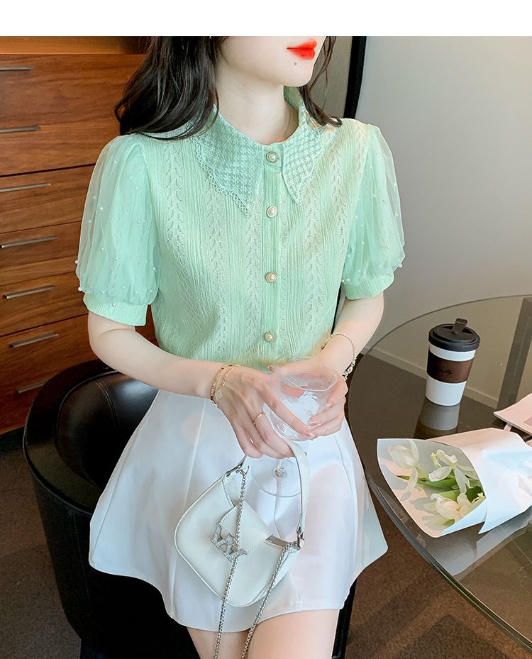 Camicetta da donna in pizzo con maniche a palloncino in rete con perline, cardigan estivo a maniche corte, top trasparente casual, abbigliamento da strada alla moda_voghion.com