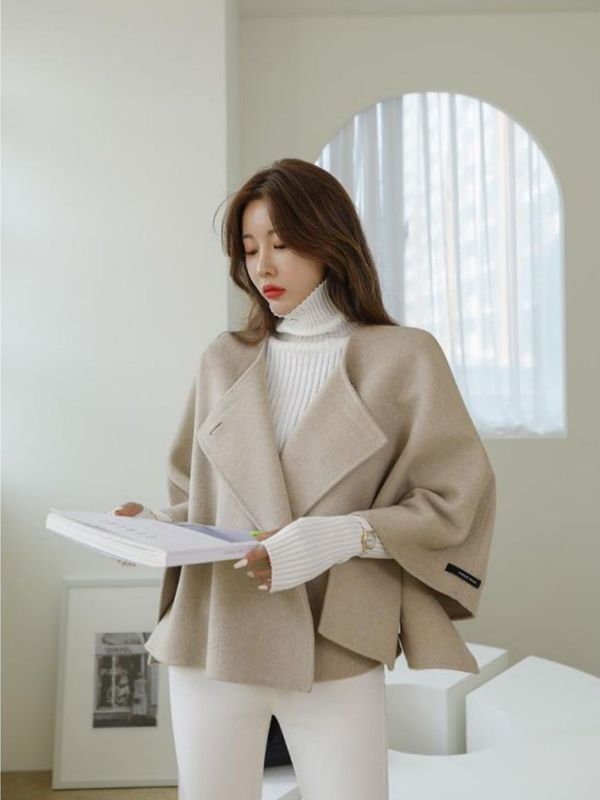 韓国ショートショールバットスリーブウールコートレディース両面手縫いカシミヤコートマントレディースコート|undefined