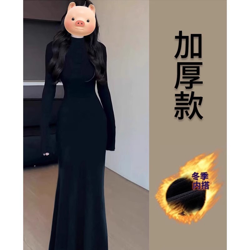 黑色步步生莲鱼尾连衣裙女秋冬内搭修身针织包臀高领春秋季长裙子|undefined