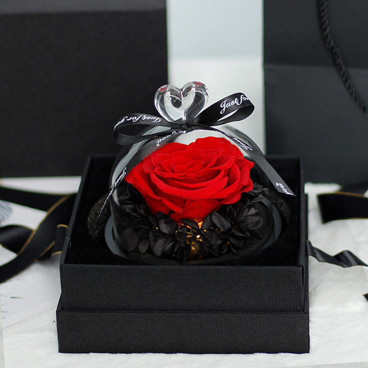Regalo para el Día de la Madre, flor eterna, pequeña rosa en forma de corazón, cúpula de cristal, caja de regalo, adorno de flor eterna terminado en Yunnan