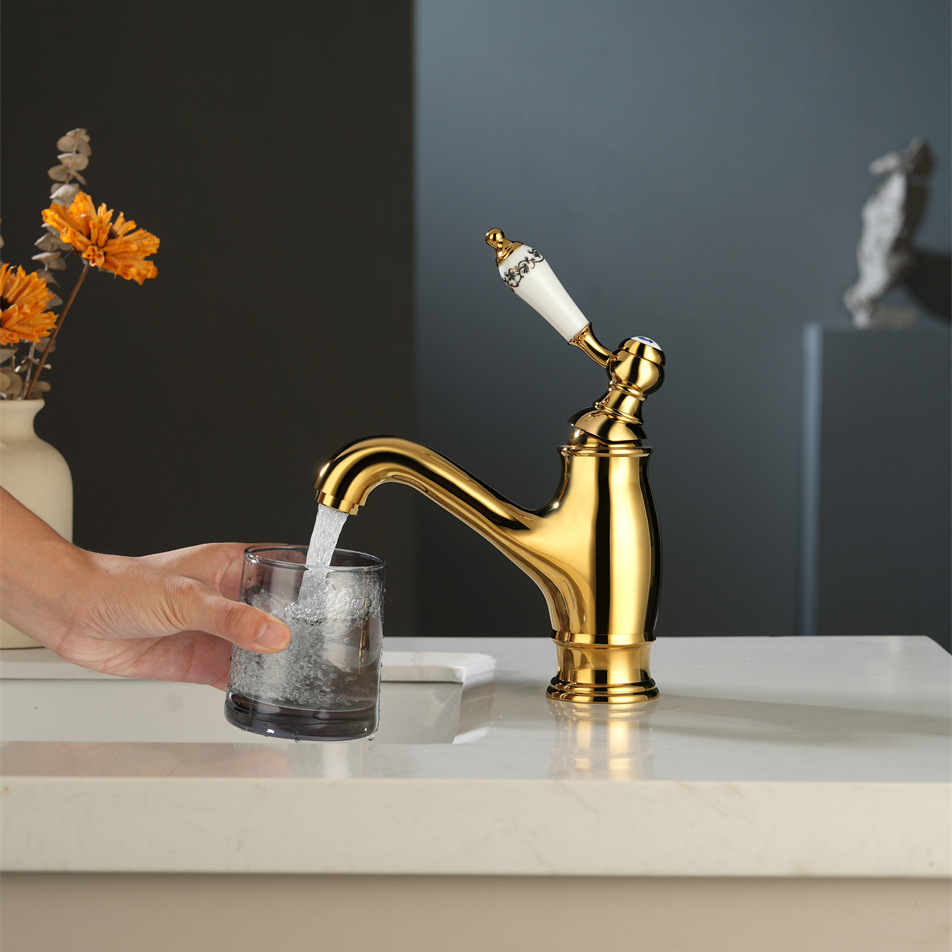 法式复古全铜单把单孔金色面盆龙头陶瓷把手冷热台盆水龙头