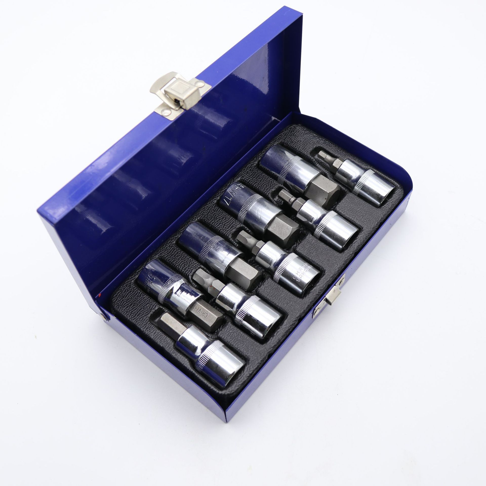 9 piezas de caja de hierro de color real, especificaciones del conjunto de manga de prensado de lote, cabeza de lote hexagonal hexagonal, prensado de lote hexagonal