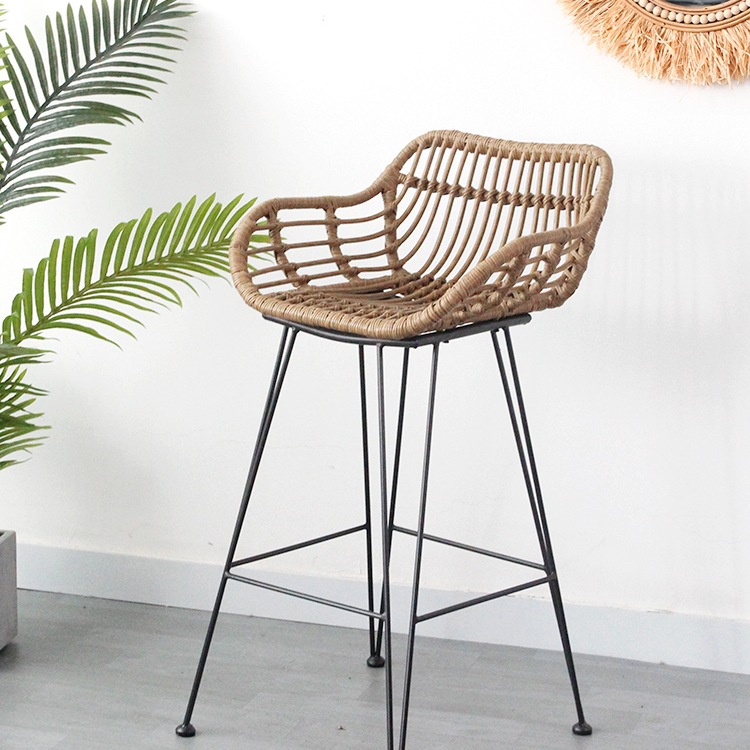 Rattan High-Back Bar Chair, Simple Iron High Stool, Rattan Waterproof and Sun-Proof High Chair, Bar Chair, Retro Bar B&